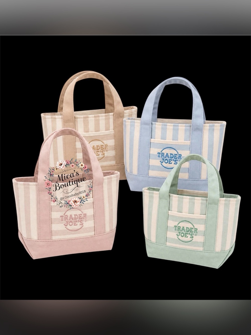 🆕TRADERS JOE’s 4PCS. Pastel Stripe Canvas Tote - Pink, Blue, Mint, Tan
